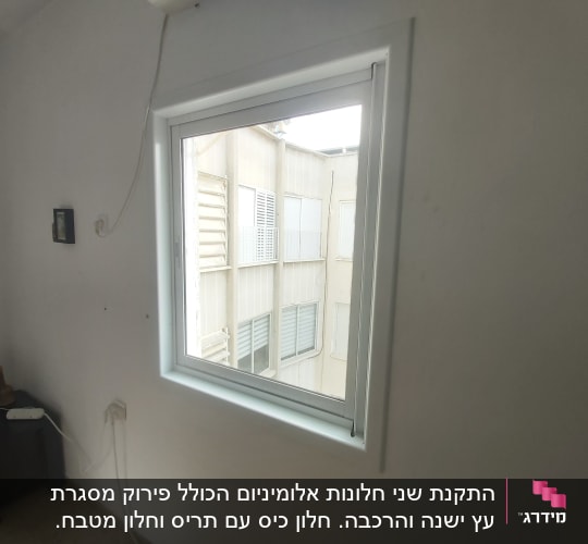 חלון אלומיניום עם מסגרת לבנה בקיר פנימי